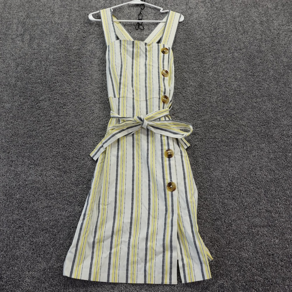 Tommy Hilfiger Midi Dress Womens 12 Yellow Striped Sleeveless Belted Button Up